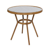 English Elm Commercial Grade Indoor/Outdoor Commercial French Bistro 31.5" Table, Navy and White PE Rattan, Glass Top with 2 Stack Chairs - Natural Frame