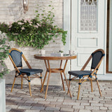 English Elm Commercial Grade Indoor/Outdoor Commercial French Bistro 31.5" Table, Navy and White PE Rattan, Glass Top with 2 Stack Chairs - Natural Frame