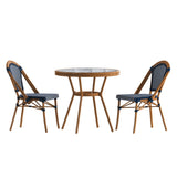 English Elm Commercial Grade Indoor/Outdoor Commercial French Bistro 31.5" Table, Navy and White PE Rattan, Glass Top with 2 Stack Chairs - Natural Frame