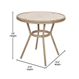 English Elm Commercial Grade Indoor/Outdoor Commercial French Bistro 31.5" Table, /White PE Rattan, Glass Top with 2 Stack Chairs - Light