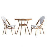 English Elm Commercial Grade Indoor/Outdoor Commercial French Bistro 31.5" Table, White and PE Rattan, Glass Top with 2 Stack Chairs - Natural Frame