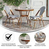 English Elm Commercial Grade Indoor/Outdoor Commercial French Bistro 31.5" Table, White and Navy PE Rattan, Glass Top with 2 Stack Chairs - Natural Frame