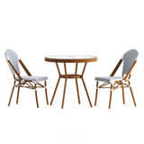 English Elm Commercial Grade Indoor/Outdoor Commercial French Bistro 31.5" Table, White and Navy PE Rattan, Glass Top with 2 Stack Chairs - Natural Frame