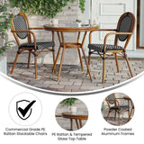 English Elm Commercial Grade Indoor/Outdoor Commercial French Bistro 31.5" Table, and White PE Rattan, Glass Top with 2 Stack Chairs