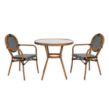 English Elm Commercial Grade Indoor/Outdoor Commercial French Bistro 31.5" Table, and White PE Rattan, Glass Top with 2 Stack Chairs