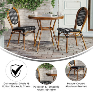 English Elm Commercial Grade Indoor/Outdoor Commercial French Bistro 31.5" Table, and White PE Rattan, Glass Top with 2 Stack Chairs