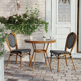 English Elm Commercial Grade Indoor/Outdoor Commercial French Bistro 31.5" Table, and White PE Rattan, Glass Top with 2 Stack Chairs