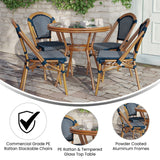 English Elm Commercial Grade Indoor/Outdoor Commercial French Bistro 31.5" Table, Navy and White PE Rattan, Glass Top with 4 Stack Chairs - Natural Frame