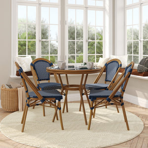 English Elm Commercial Grade Indoor/Outdoor Commercial French Bistro 31.5" Table, Navy and White PE Rattan, Glass Top with 4 Stack Chairs - Natural Frame