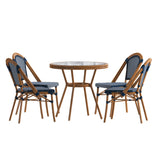 English Elm Commercial Grade Indoor/Outdoor Commercial French Bistro 31.5" Table, Navy and White PE Rattan, Glass Top with 4 Stack Chairs - Natural Frame