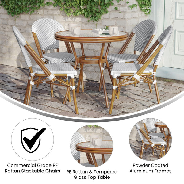English Elm Commercial Grade Indoor/Outdoor Commercial French Bistro 31.5" Table, White and PE Rattan, Glass Top with 4 Stack Chairs - Natural Frame