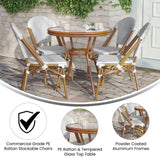 English Elm Commercial Grade Indoor/Outdoor Commercial French Bistro 31.5" Table, White and PE Rattan, Glass Top with 4 Stack Chairs - Natural Frame