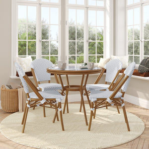 English Elm Commercial Grade Indoor/Outdoor Commercial French Bistro 31.5" Table, White and PE Rattan, Glass Top with 4 Stack Chairs - Natural Frame