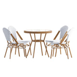 English Elm Commercial Grade Indoor/Outdoor Commercial French Bistro 31.5" Table, White and PE Rattan, Glass Top with 4 Stack Chairs - Natural Frame