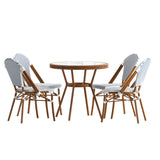 English Elm Commercial Grade Indoor/Outdoor Commercial French Bistro 31.5" Table, White and Navy PE Rattan, Glass Top with 4 Stack Chairs - Natural Frame