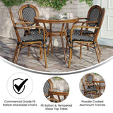 English Elm Commercial Grade Indoor/Outdoor Commercial French Bistro 31.5" Table, and White PE Rattan, Glass Top with 4 Stack Chairs