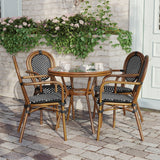 English Elm Commercial Grade Indoor/Outdoor Commercial French Bistro 31.5" Table, and White PE Rattan, Glass Top with 4 Stack Chairs