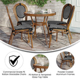 English Elm Commercial Grade Indoor/Outdoor Commercial French Bistro 31.5" Table, and White PE Rattan, Glass Top with 4 Stack Chairs