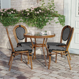 English Elm Commercial Grade Indoor/Outdoor Commercial French Bistro 31.5" Table, and White PE Rattan, Glass Top with 4 Stack Chairs