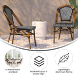 English Elm Commercial Grade Indoor/Outdoor Commercial French Bistro Stacking Chair, and White PE Rattan Back and Seat, Bamboo Print Aluminum Frame in Natural