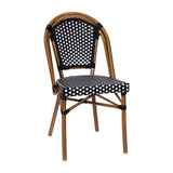 English Elm Commercial Grade Indoor/Outdoor Commercial French Bistro Stacking Chair, and White PE Rattan Back and Seat, Bamboo Print Aluminum Frame in Natural