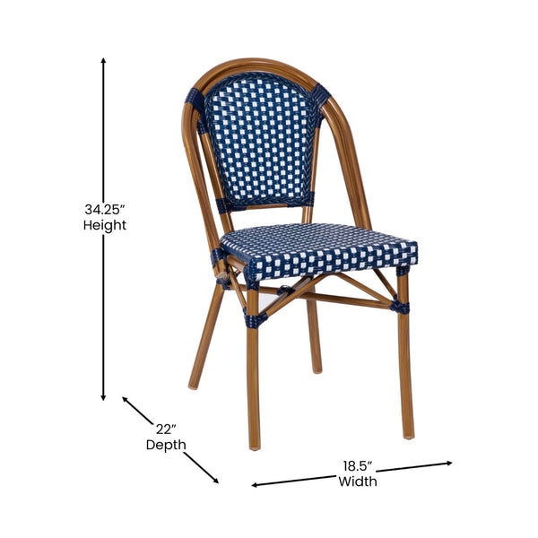 English Elm Commercial Grade Indoor/Outdoor Commercial French Bistro Stacking Chair, Navy and PE Rattan Back and Seat, Bamboo Print Aluminum Frame in Natural