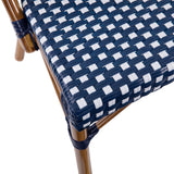 English Elm Commercial Grade Indoor/Outdoor Commercial French Bistro Stacking Chair, Navy and PE Rattan Back and Seat, Bamboo Print Aluminum Frame in Natural