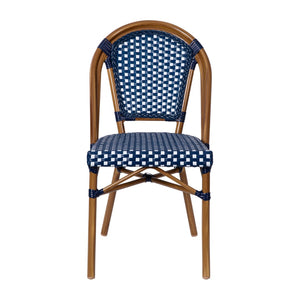 English Elm Commercial Grade Indoor/Outdoor Commercial French Bistro Stacking Chair, Navy and PE Rattan Back and Seat, Bamboo Print Aluminum Frame in Natural
