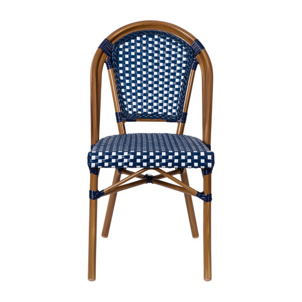 English Elm Commercial Grade Indoor/Outdoor Commercial French Bistro Stacking Chair, Navy and PE Rattan Back and Seat, Bamboo Print Aluminum Frame in Natural