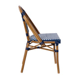 English Elm Commercial Grade Indoor/Outdoor Commercial French Bistro Stacking Chair, Navy and PE Rattan Back and Seat, Bamboo Print Aluminum Frame in Natural