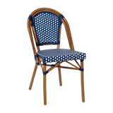 English Elm Commercial Grade Indoor/Outdoor Commercial French Bistro Stacking Chair, Navy and PE Rattan Back and Seat, Bamboo Print Aluminum Frame in Natural