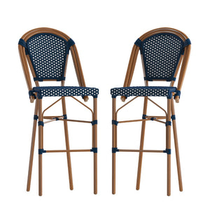 English Elm Commercial Grade - Set of 2 Stackable Indoor/Outdoor French Bistro 30" High Barstools, Commercial Grade, Navy/White and Bamboo Finish