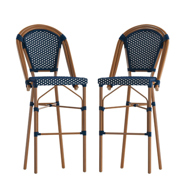 English Elm Commercial Grade - Set of 2 Stackable Indoor/Outdoor French Bistro 30" High Barstools, Commercial Grade, Navy/White and Bamboo Finish