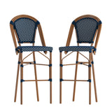 English Elm Commercial Grade - Set of 2 Stackable Indoor/Outdoor French Bistro 30" High Barstools, Commercial Grade, Navy/White and Bamboo Finish