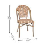 English Elm Commercial Grade Indoor/Outdoor Commercial French Bistro Stacking Chair, Natural/ PE Rattan Back and Seat, Bamboo Print Aluminum Frame in Light Natural