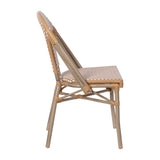 English Elm Commercial Grade Indoor/Outdoor Commercial French Bistro Stacking Chair, Natural/ PE Rattan Back and Seat, Bamboo Print Aluminum Frame in Light Natural