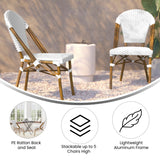 English Elm Commercial Grade Indoor/Outdoor Commercial French Bistro Stacking Chair, White and PE Rattan Back and Seat, Bamboo Print Aluminum Frame in Natural