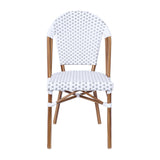 English Elm Commercial Grade Indoor/Outdoor Commercial French Bistro Stacking Chair, White and PE Rattan Back and Seat, Bamboo Print Aluminum Frame in Natural