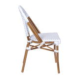 English Elm Commercial Grade Indoor/Outdoor Commercial French Bistro Stacking Chair, White and PE Rattan Back and Seat, Bamboo Print Aluminum Frame in Natural