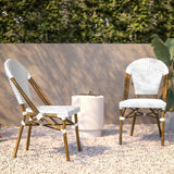 English Elm Commercial Grade Indoor/Outdoor Commercial French Bistro Stacking Chair, White and PE Rattan Back and Seat, Bamboo Print Aluminum Frame in Natural