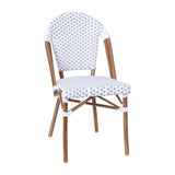 English Elm Commercial Grade Indoor/Outdoor Commercial French Bistro Stacking Chair, White and PE Rattan Back and Seat, Bamboo Print Aluminum Frame in Natural