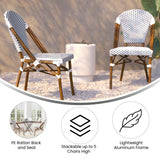 English Elm Commercial Grade Indoor/Outdoor Commercial French Bistro Stacking Chair, White and Navy PE Rattan Back and Seat, Bamboo Print Aluminum Frame in Natural