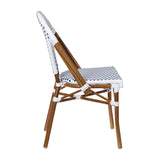 English Elm Commercial Grade Indoor/Outdoor Commercial French Bistro Stacking Chair, White and Navy PE Rattan Back and Seat, Bamboo Print Aluminum Frame in Natural