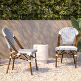 English Elm Commercial Grade Indoor/Outdoor Commercial French Bistro Stacking Chair, White and Navy PE Rattan Back and Seat, Bamboo Print Aluminum Frame in Natural