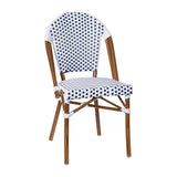 English Elm Commercial Grade Indoor/Outdoor Commercial French Bistro Stacking Chair, White and Navy PE Rattan Back and Seat, Bamboo Print Aluminum Frame in Natural