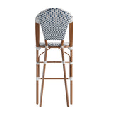 English Elm Commercial Grade Stackable Indoor/Outdoor French Bistro 30" High Barstool, Commercial Grade, White/Navy and Bamboo Finish