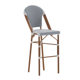 English Elm Commercial Grade Stackable Indoor/Outdoor French Bistro 30" High Barstool, Commercial Grade, White/Navy and Bamboo Finish