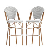 English Elm Commercial Grade - Set of 2 Stackable Indoor/Outdoor French Bistro 30" High Barstools, Commercial Grade, White/ and Bamboo Finish