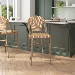 English Elm Commercial Grade - Set of 2 Stackable Indoor/Outdoor French Bistro 26" High Counter Height Stools, Commercial Grade, /White and Light Finish