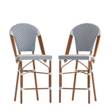 English Elm Commercial Grade - Set of 2 Stackable Indoor/Outdoor French Bistro 26" High Counter Height Stools, Commercial Grade, White/Navy and Bamboo Finish